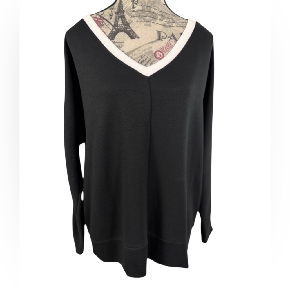 French Laundry Black V-Neck Sweater White Stripe Sleeve Cozy Tunic Size M - Picture 2 of 10